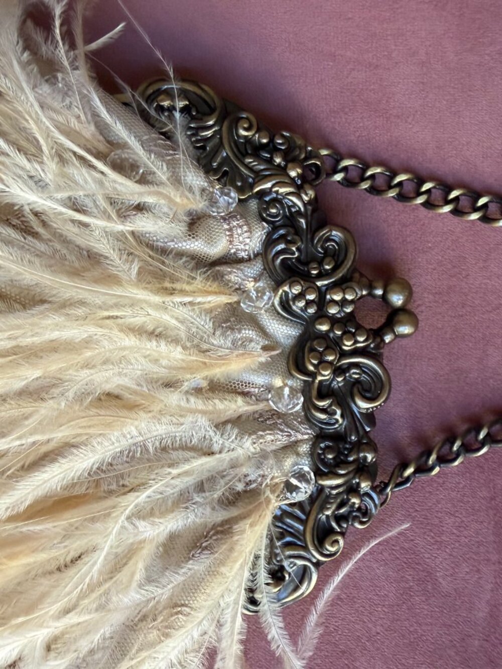 Evening bag w/ satin, feathers & crystal. Champagne tan color, vintage-inspired! - Picture 3 of 5